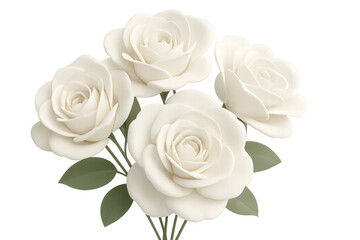 Fototapeta premium 3d rendering of a bouquet of four beautiful blooming white roses with green leaves on a transparent background