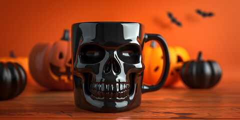 Skull mug with pumpkins and bats on orange background
