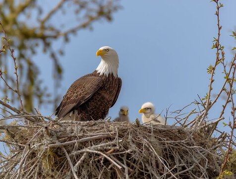 Bald eagle perched on a nest with two fluffy eaglets, surrounded by branches and soft blue sky, showcasing the nurturing aspect of wildlife and avian family life