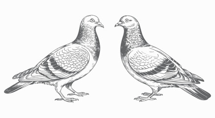Vintage engraving illustration of two standing pigeons. Hand drawn pigeons in detailed etching style.
