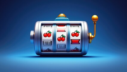 Slot machine with triple cherry symbol on a blue background. Minimalist gambling concept. Raster. Generative AI.