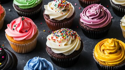 A delicious assortment of colorful cupcakes topped with fun sprinkles, arranged beautifully for a sweet celebration.

