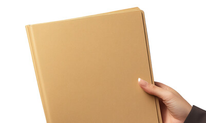 hand holding a file cabinet with a brown album-style document, against a transparent background