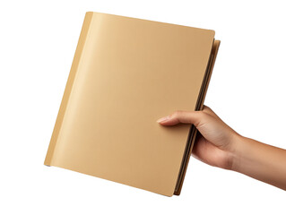 hand holding a file cabinet with a brown album-style document, against a transparent background