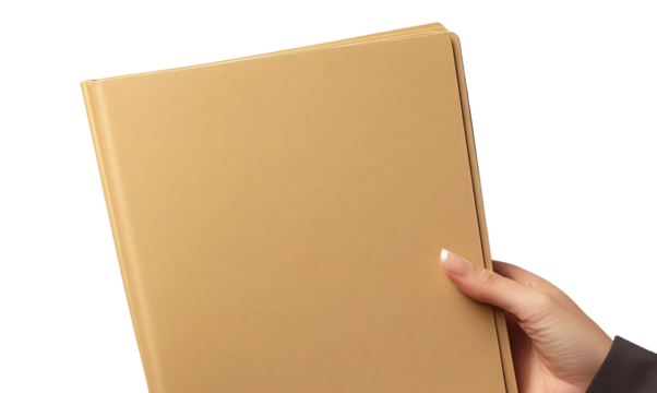 hand holding a file cabinet with a brown album-style document, against a transparent background