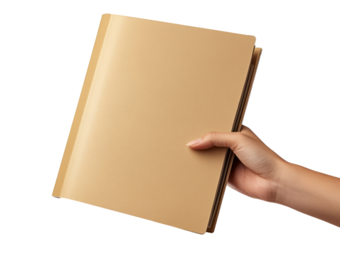 hand holding a file cabinet with a brown album-style document, against a transparent background