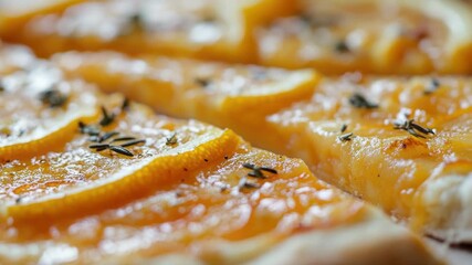 A close-up shot of a slice of pizza topped with orange slices, perfect for food or editorial use