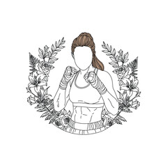 woman martial art with garden flower illustration design template logo