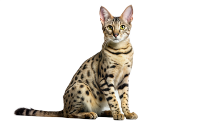 Majestic savannah cat with striking spotted coat posed against a dramatic black background