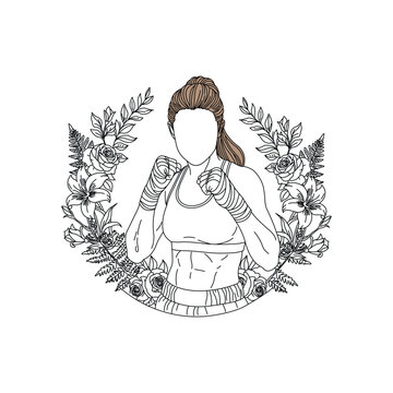 woman martial art with garden flower illustration design template logo
