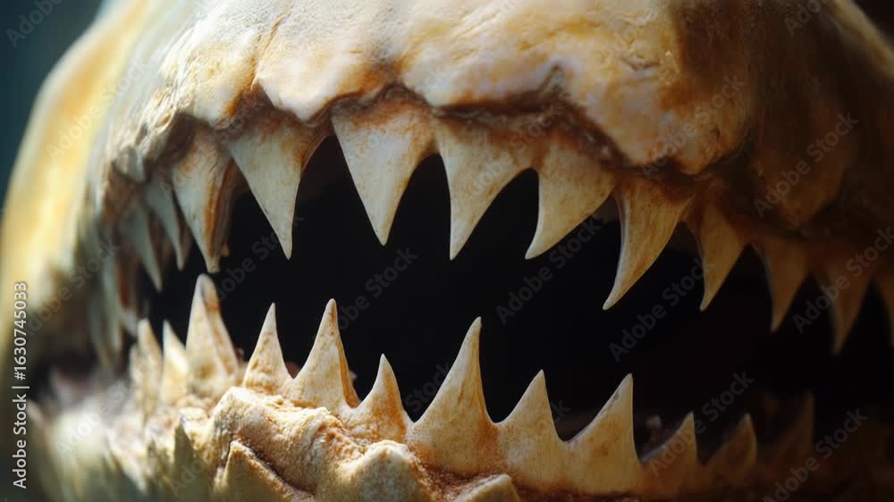 Poster a close-up view of a shark's mouth showing its sharp teeth, suitable for use in educational or infor
