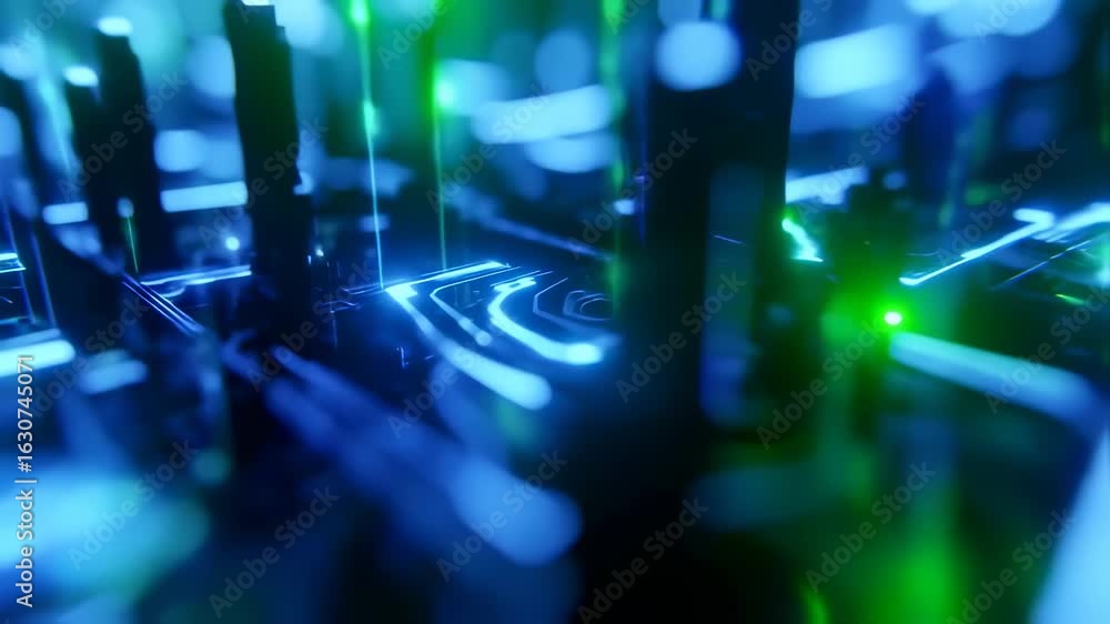 Wall mural journey through a futuristic digital landscape with pulsating blue and green neon data streams