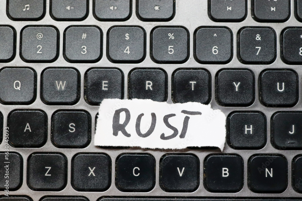 Poster a close-up view of a computer keyboard featuring the handwritten word rust on a white paper strip, s