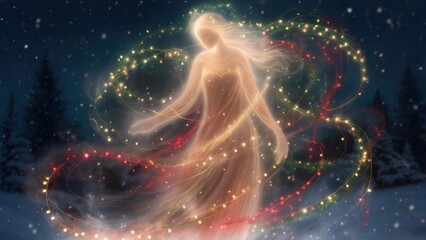 An abstract glowing spirit of christmas with luminous swirling garlands and lights in a dark snowy forest. A concept of holiday magic and mystery