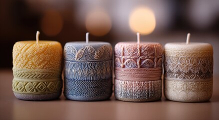 Four decorative candles in muted tones, arranged in a row.  Each candle features intricate patterned designs carved into the wax.  Soft lighting and out-of-focus background
