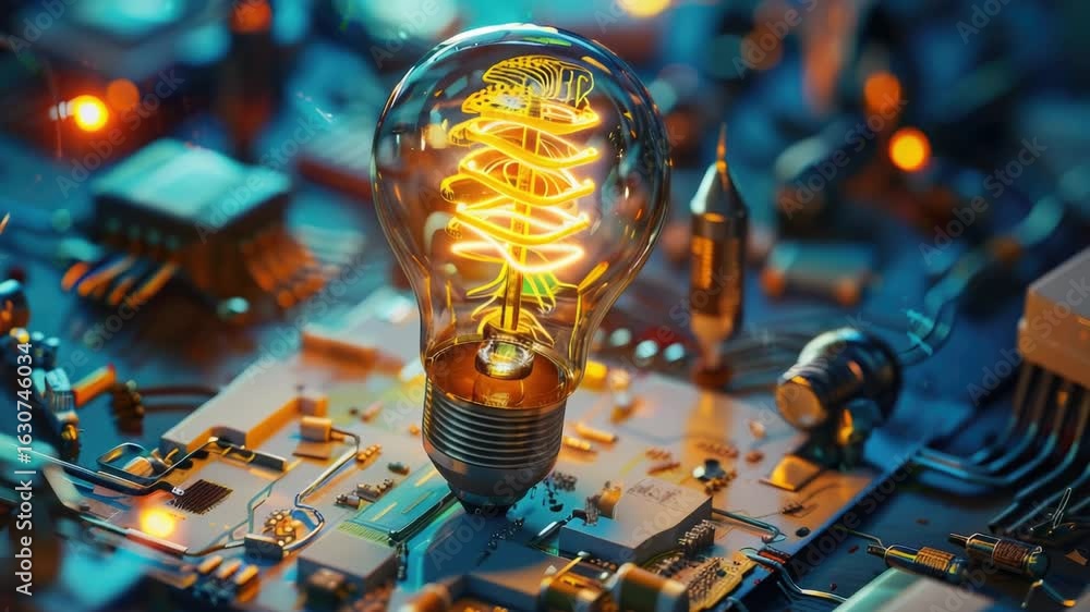 Poster a high-angle view of a single light bulb sitting on an electrical circuit, ideal for use in illustra