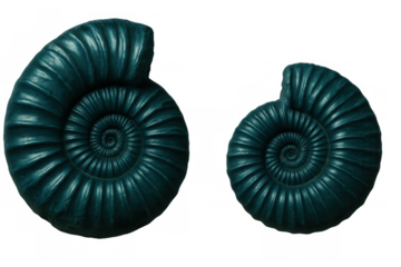 Studio shot of two teal ammonite fossils, isolated on transparent background, perfect for graphic projects related to paleontology