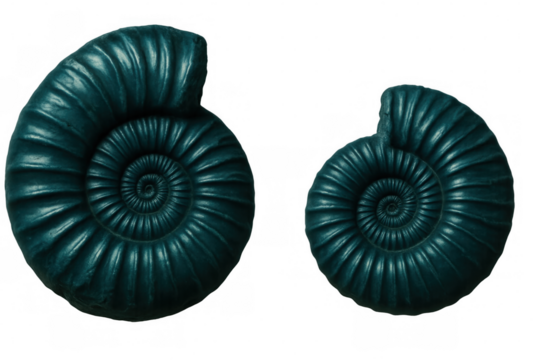 Studio shot of two teal ammonite fossils, isolated on transparent background, perfect for graphic projects related to paleontology