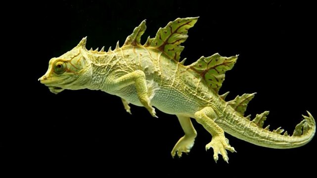 Striking Leaf-Like Lizard in a Dark Aquarium