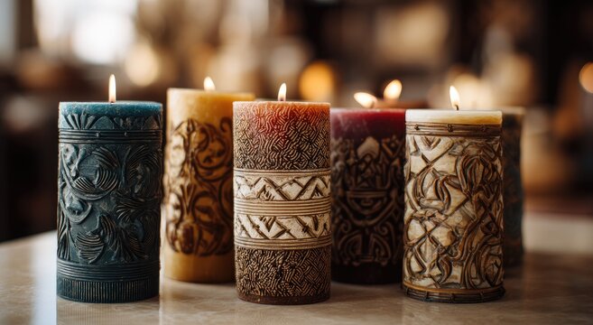 Group of decorative candles, various colors and patterns