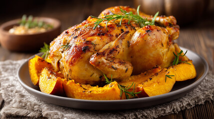 A roasted chicken garnished with rosemary and served with squash on a gray plate on a table