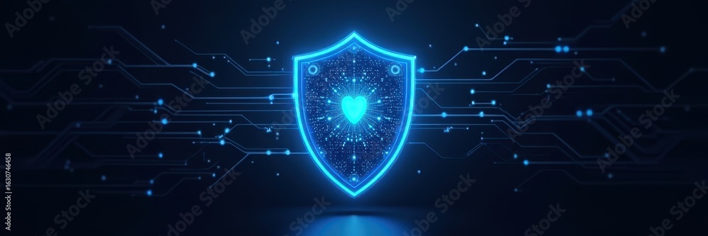 Poster futuristic blue shield icon with glowing heart and circuit patterns against dark background, symboli