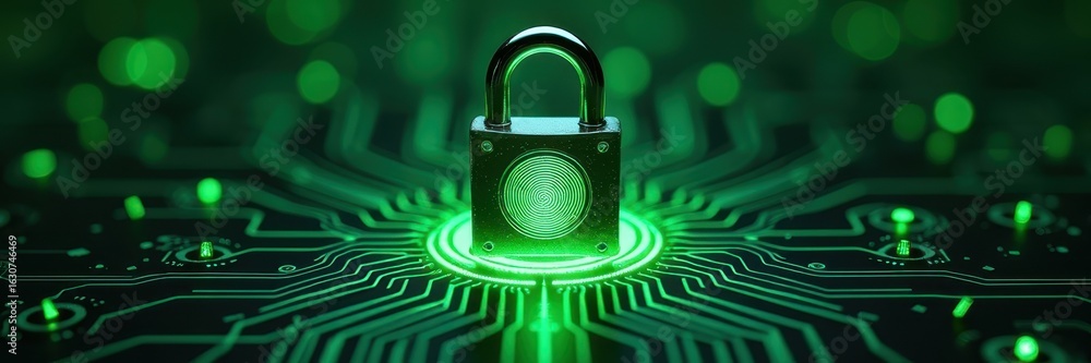 Poster a green padlock above a glowing motherboard pattern with a fingerprint icon, symbolizing digital sec