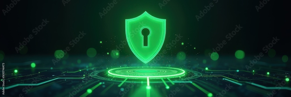 Poster a glowing green shield with a keyhole hovers over a luminous digital platform of circuit lines, symb