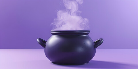Purple cauldron with rising steam on purple background
