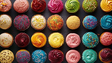 A delicious assortment of colorful cupcakes topped with fun sprinkles, arranged beautifully for a sweet celebration.

