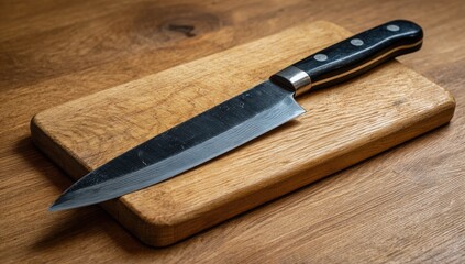 Sharp kitchen knife on wooden cutting board