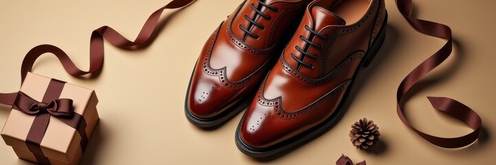 Elegant brown leather brogues beside a small gift box with a deep brown ribbon on a beige background, stylish Father's Day gift concept.