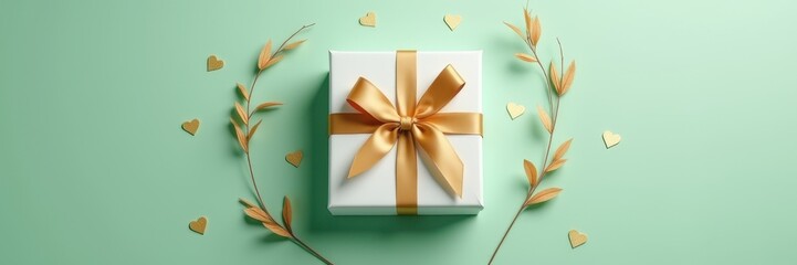 White gift box with a golden ribbon on a mint green surface surrounded by golden hearts and botanical elements, elegant Father's Day concept.