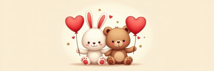 Fototapeta premium Two cute plush animals, a white bunny and a light brown bear, joyfully holding red heart-shaped balloons against a soft pastel background, symbolizing affection.