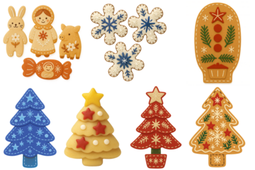 Set of Scandinavian felt marzipan Christmas decor cookies – bunny, piglet, matryoshka candy, snowflake biscuits & decorated tree treats – handmade wool-felt applique icons, isolated