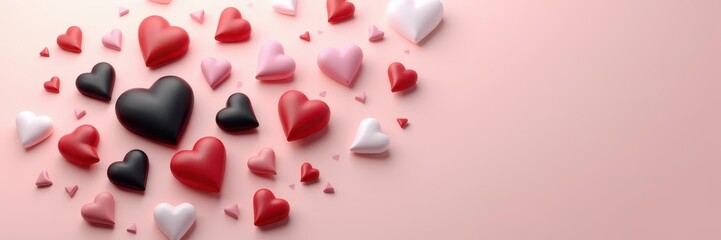 Digital 3D hearts in black, red, pink, and white swirling around a soft pastel pink background, conveying love and affection concept.