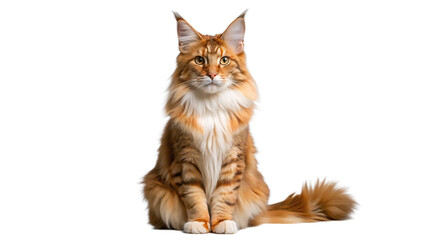 Majestic orange maine coon cat sits proudly against a stark black background