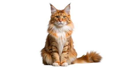 Majestic orange maine coon cat sits proudly against a stark black background