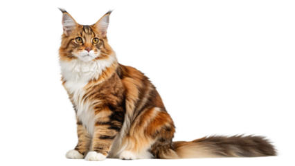 Majestic maine coon cat with striking tabby coat sits proudly against a stark black background