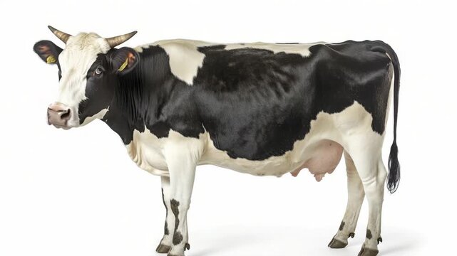 A close-up of a black and white cow standing on a white surface