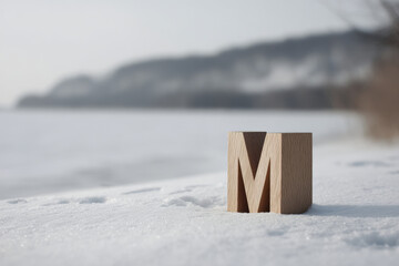 minimalist wooden letter m art piece set against serene winter landscape adjacent to nativity scene