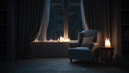 Cozy dimly lit room with window and armchair
