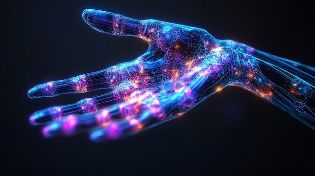 Digital visualization of human hand with glowing joints and nerve pathways. Concept of inflammation, joint pain and immune response. Rheumatoid Arthritis Awareness Day