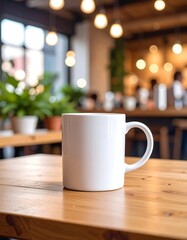 Fototapeta premium Empty white mug on wooden table, cafe background