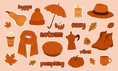 Autumn cozy sticker set. Cute fall elements for scrapbooking. Pumpkins, teapot, leaves, candle, pie. Ideal for fall season, social media, planner and harvest designs