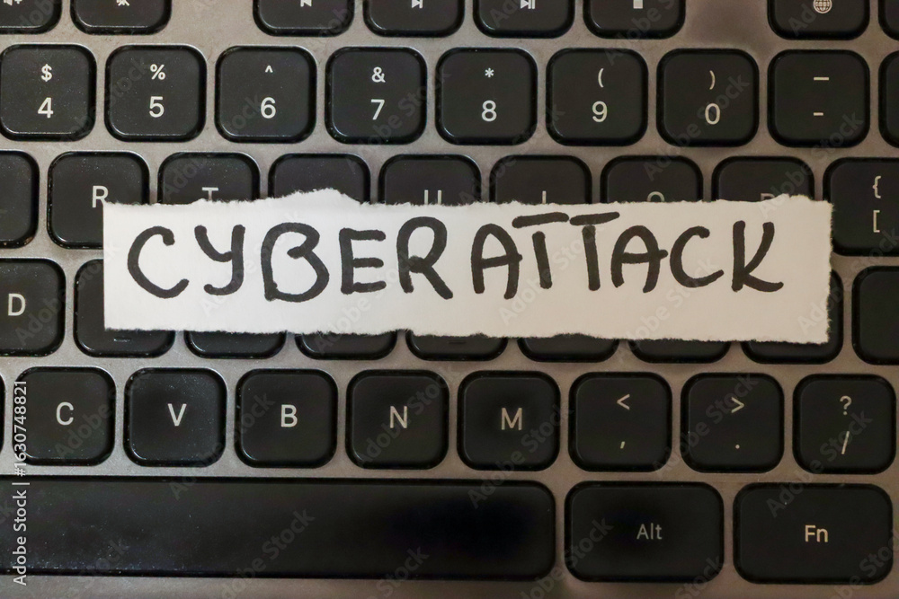 Poster a handwritten note reading cyberattack placed on a laptop keyboard. this image symbolizes digital th