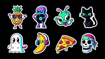 Set of colorful cartoon stickers including fruit, skull, cat, ghost, and pizza. Fun pop-style collection on black background. Generative AI.