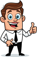 Cartoon businessman character, white shirt, black tie, confident smile, thumbs up, pointing gesture, blue eyes, professional pose, isolated vector