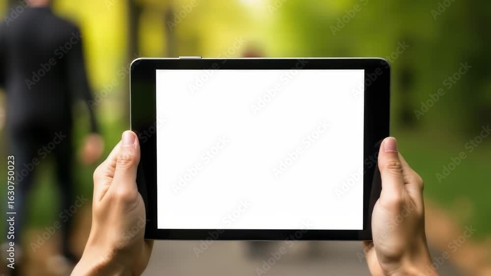 Poster a person holding a tablet with a blank white screen, ready for use or waiting for input