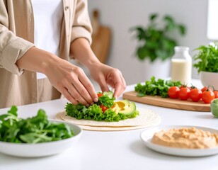 Preparación de wrap saludable. Manos preparando wrap saludable con vegetales frescos y hummus, en cocina moderna con buena luz.